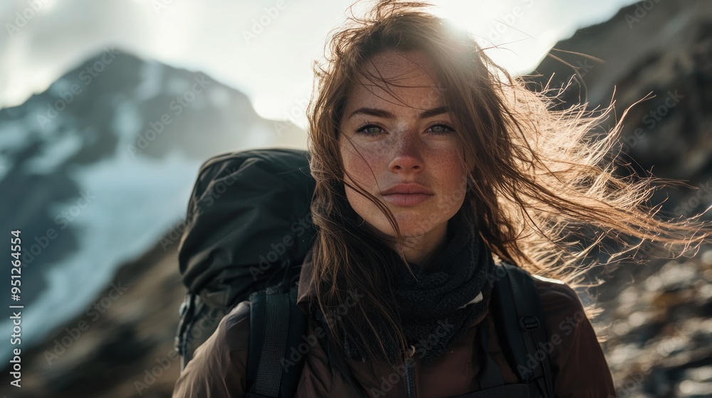 A close-up shot of a woman with a focused look, standing on a mountain trail A close-up shot of a woman with a focused look, standing on a mountain trail