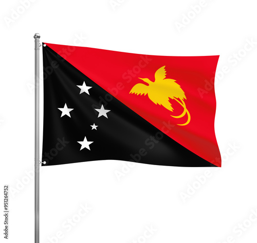 Papua New Guinea National flag waving in the wind on a silver pole, isolated on transparent background