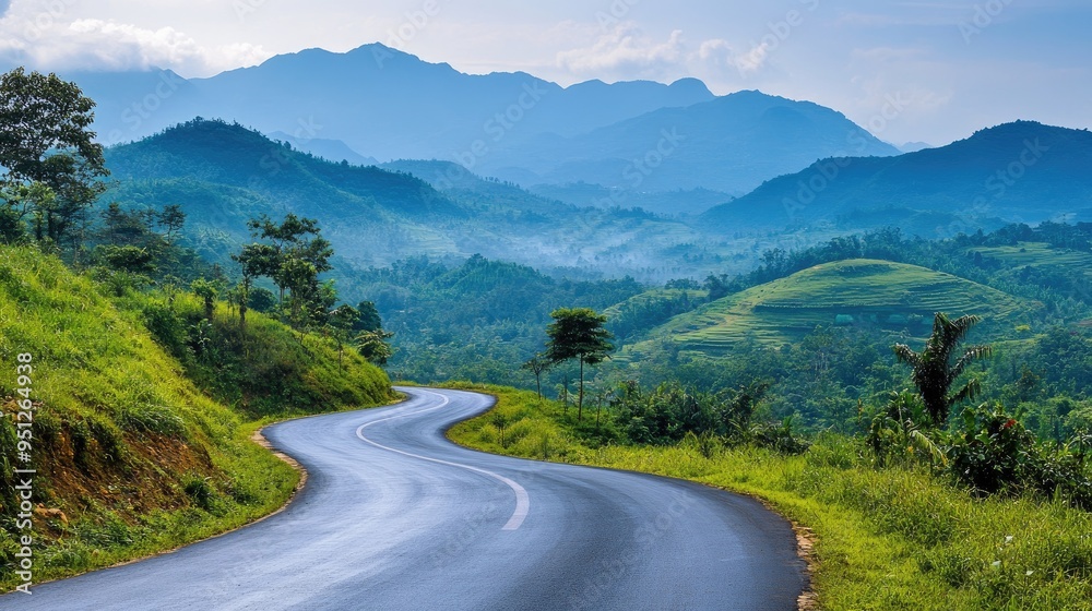 Fototapeta premium Winding asphalt road through lush green mountains with blue sky and fog.