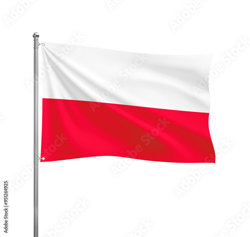 Poland flag waving in the wind on a silver pole, isolated on transparent background