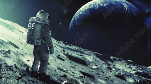 A astronaut on lunar surface gazing at earth