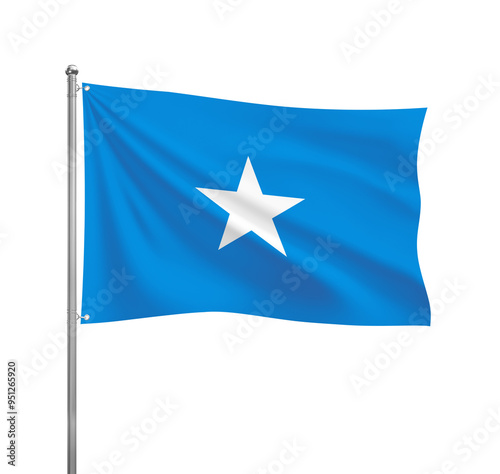 Somalia flag waving in the wind on a silver pole, isolated on transparent background