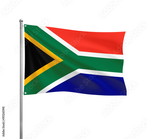 South Africa flag waving in the wind on a silver pole, isolated on transparent background photo