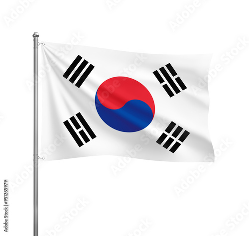 South Korea flag waving in the wind on a silver pole, isolated on transparent background