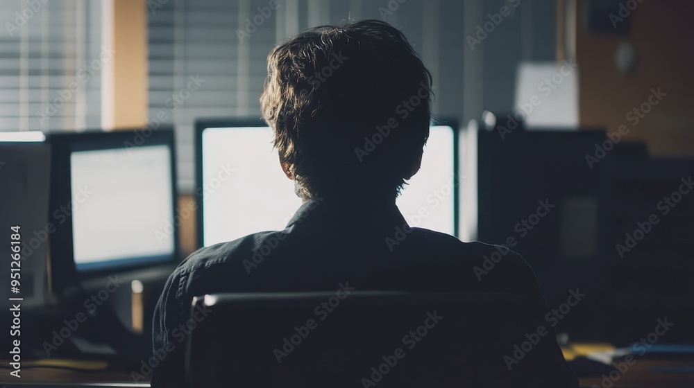 Silhouette of a Person Working at a Computer in a Dark Room Silhouette of a Person Working at a Computer in a Dark Room