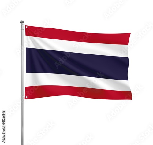 Thailand flag waving in the wind on a silver pole, isolated on transparent background