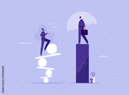 Stability and risk concept, balance and loss of control, businessman and businesswoman stand on stands, uncertainty and fragile company, different management style, confident and insecure person