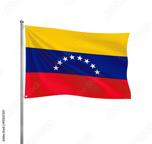 Venezuela flag waving in the wind on a silver pole, isolated on transparent background