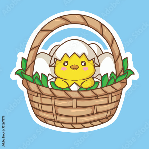 illustration art cute sticker chicks in egg wicker character vector design