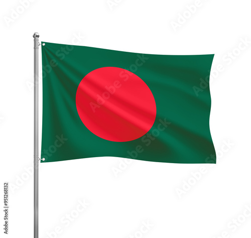 Bangladesh flag waving in the wind on a silver pole, isolated on transparent background photo