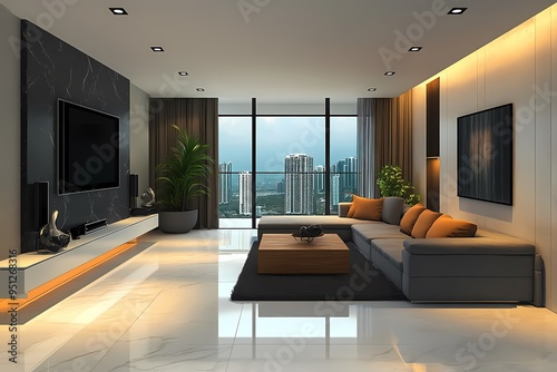 Modern minimalist living room with a white marble floor, black wall and sofa