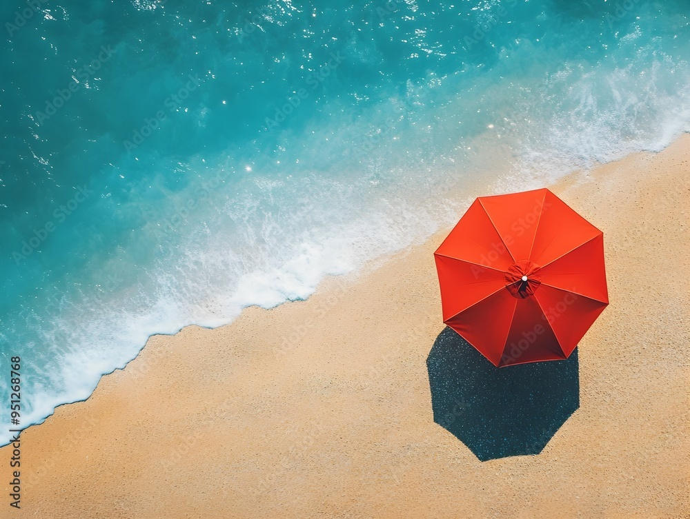 Naklejka premium Aerial View of Lone Beach Umbrella in Tranquil Coastal Scenery