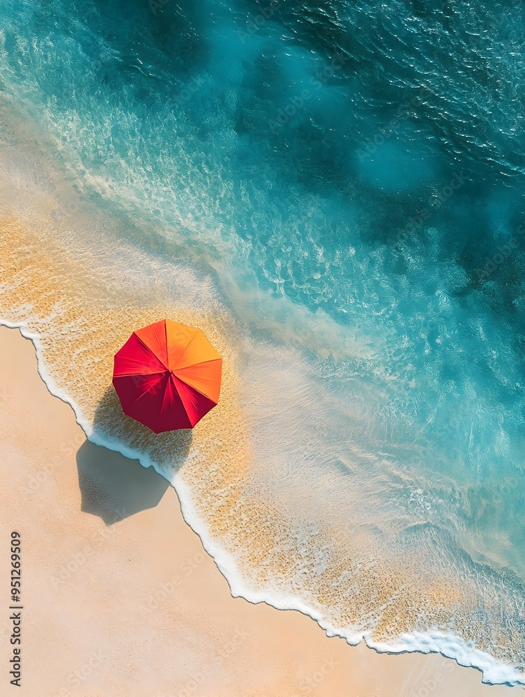 Obraz premium Aerial View of Sun Umbrella on Beautiful Summer Beach with Clear Space