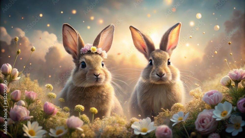 whimsical fairy tale portraits of adorable rabbits surrounded by soft pastel flowers and misty fog in warm golden light