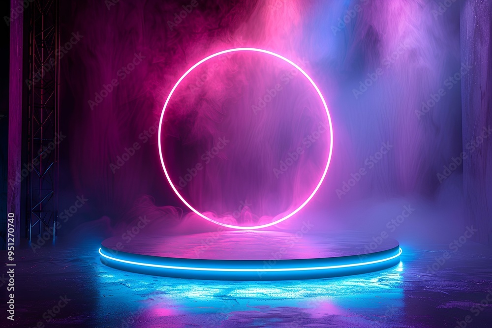 A neon circle in the middle of a stage A neon circle in the middle of a stage