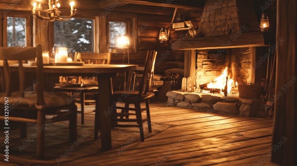 A rustic wooden cabin interior with handcrafted furniture, rough-hewn wooden table and chairs, near a roaring fireplace. A rustic wooden cabin interior with handcrafted furniture, rough-hewn wooden table and chairs, near a roaring fireplace.