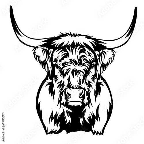 Highland Cow | Standing Highland Cow | Domestic Animal | Highland Heifer | Cow Head | Farm Animal | Long Horned Cow | Highland Beef | Original Illustration | Vector and Clipart | Cutfile and Stencil