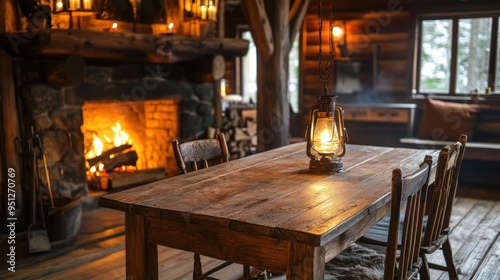 A rustic wooden cabin interior with handcrafted furniture, rough-hewn wooden table and chairs, near a roaring fireplace.