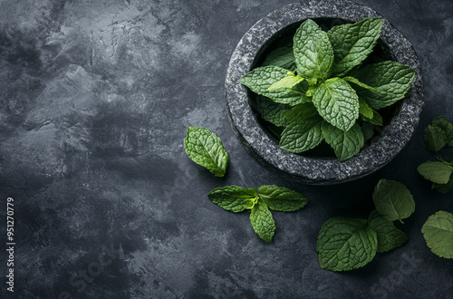 mint leaves in an antique stone mortar on a dark gray background photo