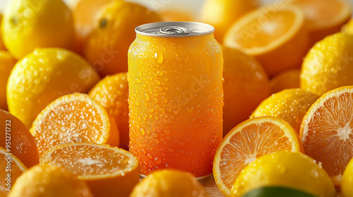 Vibrant Citrus Soda Can with Fresh Fruits, soda, can, citrus, yellow, orange, fruits, lemons, oranges