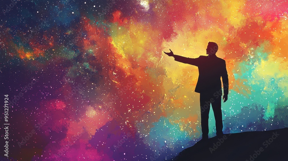 A silhouette of a man reaching out against a vibrant cosmic background filled with colors and stars, symbolizing exploration.