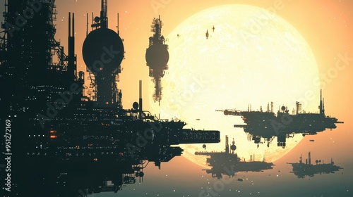 A stunning futuristic landscape featuring massive spaceships silhouetted against a glowing sunset, evoking wonder and exploration.