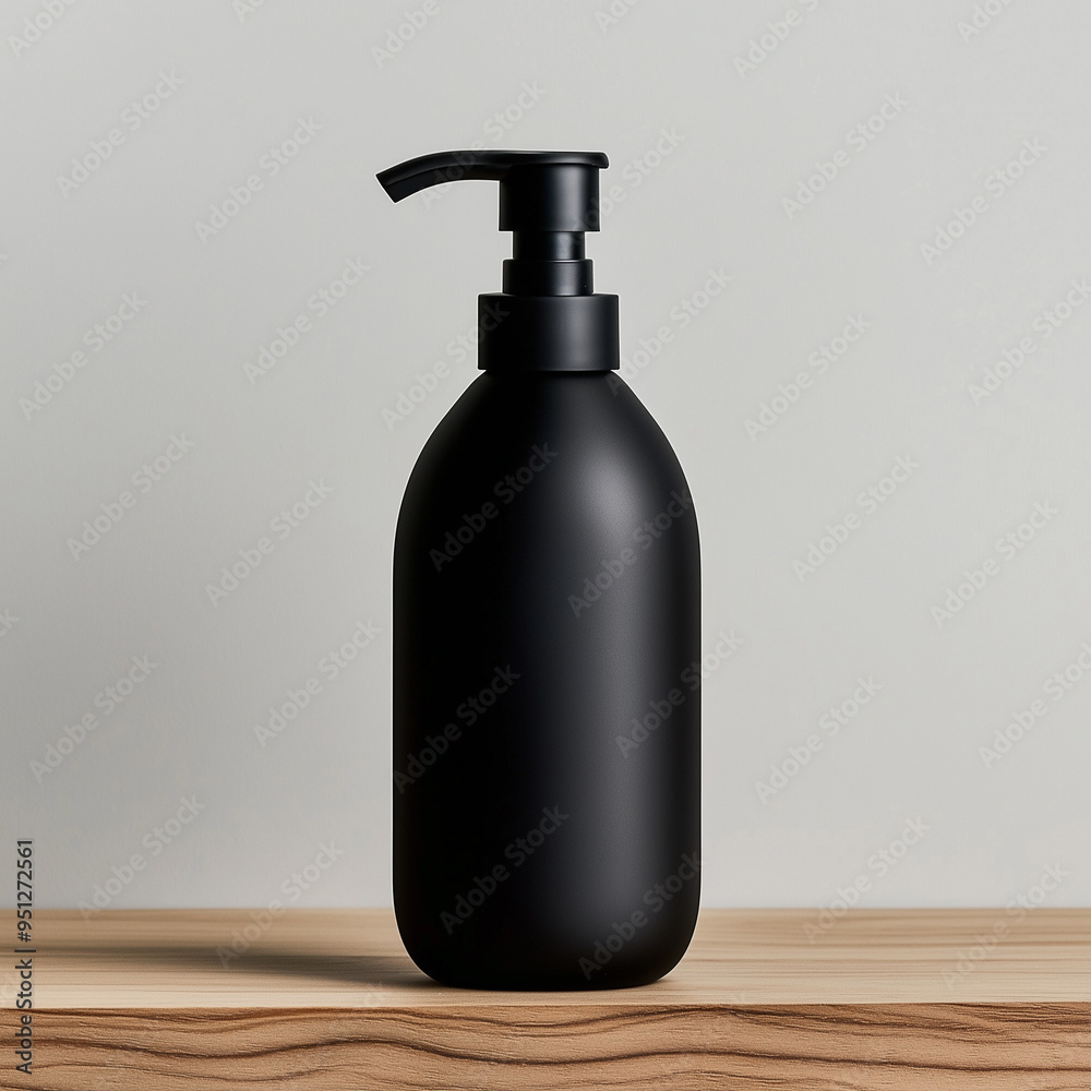 mock up of matte black curved shampoo pump bottle on wooden table,white background,Ai generated images mock up of matte black curved shampoo pump bottle on wooden table,white background,Ai generated images