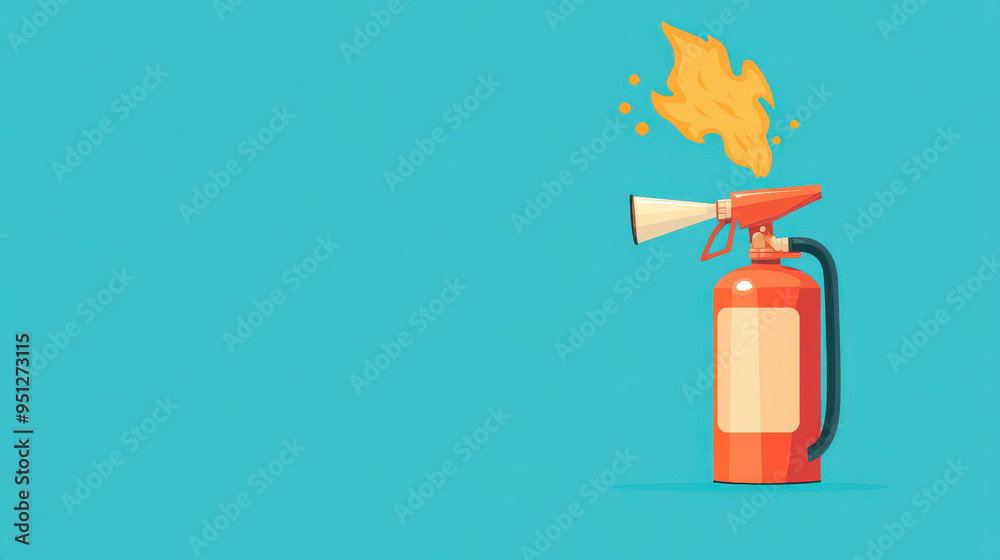 Obraz premium Cartoonstyle illustration of a fire extinguisher, showcasing foam spraying to extinguish flames in a flat design setting.