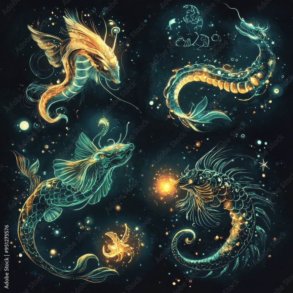 Celestial Fish Dance: A symphony of bioluminescent fish twirl through a vibrant cosmos, their scales shimmering with cosmic energy in this ethereal underwater fantasy art. Celestial Fish Dance: A symphony of bioluminescent fish twirl through a vibrant cosmos, their scales shimmering with cosmic energy in this ethereal underwater fantasy art.