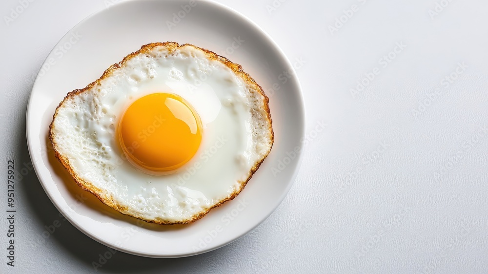 Single fried egg on white plate, minimalist composition. Single fried egg on white plate, minimalist composition.