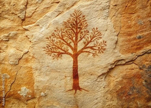 A prehistoric caveman's brushstrokes bring forth a solitary chestnut, antithetical to conformity, amidst a stark backdrop of ancient earth and infinite sky. photo