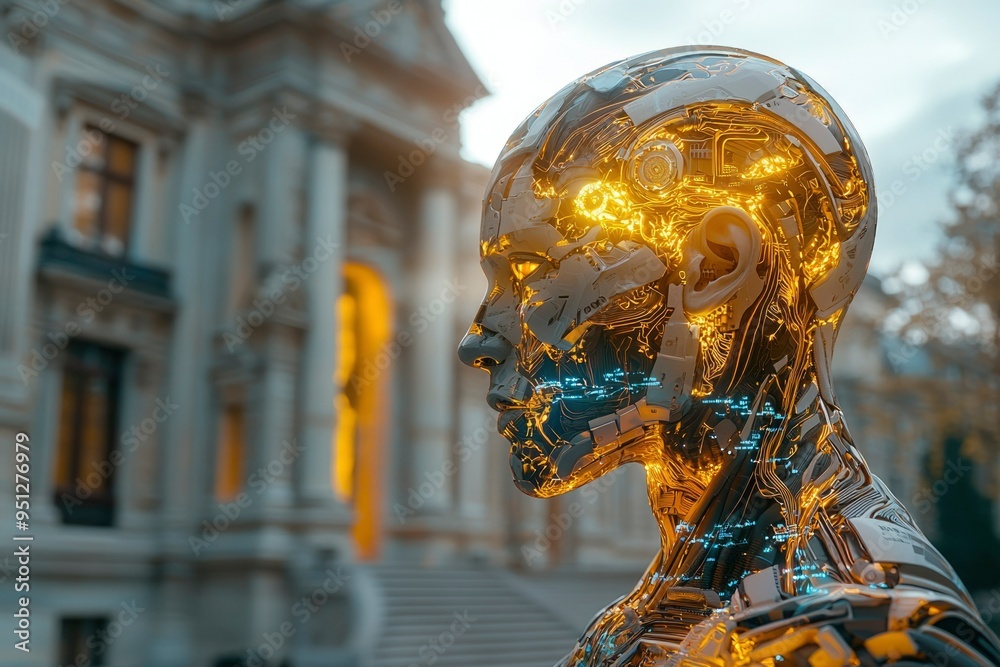 A Golden Robotic Head Looking to the Side in Front of an Old Building A Golden Robotic Head Looking to the Side in Front of an Old Building