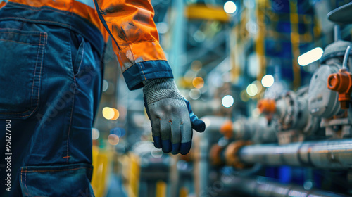 Worker hands wearing protective gloves working in an industrial worker manufacturing industrial job manufacturing workplace factory industry