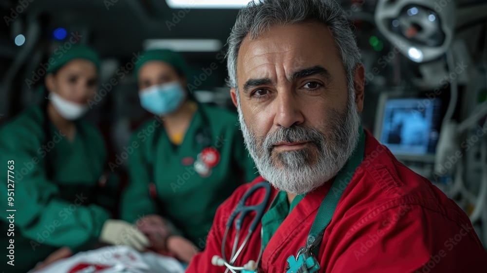 A seasoned doctor in a red uniform confidently looks at the camera in a busy hospital emergency room, surrounded by medical staff. A seasoned doctor in a red uniform confidently looks at the camera in a busy hospital emergency room, surrounded by medical staff.