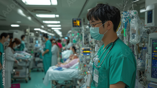 Medical staff in a crowded hospital ICU monitor critically ill patients, surrounded by advanced medical equipment and life support systems.