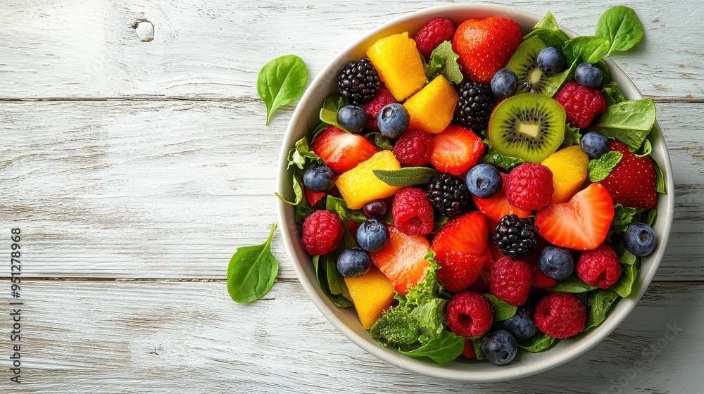 Fresh Fruit Salad with Berries, Mango, and Kiwi in a White Bowl on a Wooden Table Fresh Fruit Salad with Berries, Mango, and Kiwi in a White Bowl on a Wooden Table