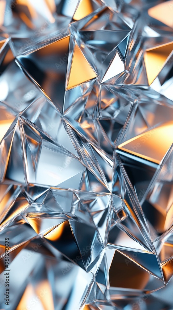 Abstract close-up view of crystal-like geometric structures with reflective surfaces emitting a warm glow. Abstract close-up view of crystal-like geometric structures with reflective surfaces emitting a warm glow.