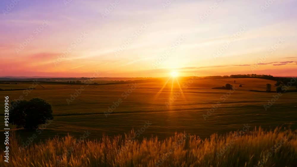 Golden sunset over rolling fields in a serene countryside landscape during late evening hours Golden sunset over rolling fields in a serene countryside landscape during late evening hours
