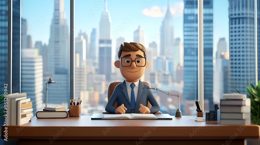 3D Cartoon CEO Sitting at Desk with City Skyline Through Office Window 3D Cartoon CEO Sitting at Desk with City Skyline Through Office Window