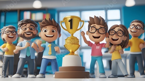 3D Clay Cartoon Team Members Celebrating Victory with Trophy in Modern Office