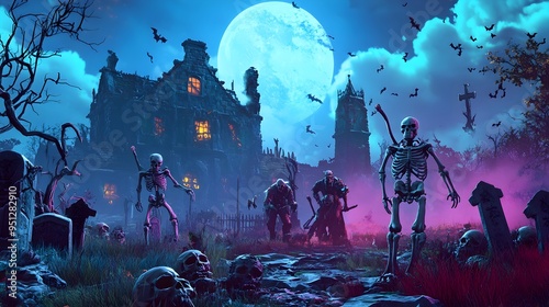 A Halloween video game character selection screen with ghoulish avatars, skeleton warriors, and witches, set against a haunted graveyard backdrop 