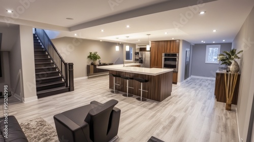 A beautifully renovated basement featuring a sleek white countertop and a stylish staircase, creating an inviting and spacious atmosphere in a modern home. photo