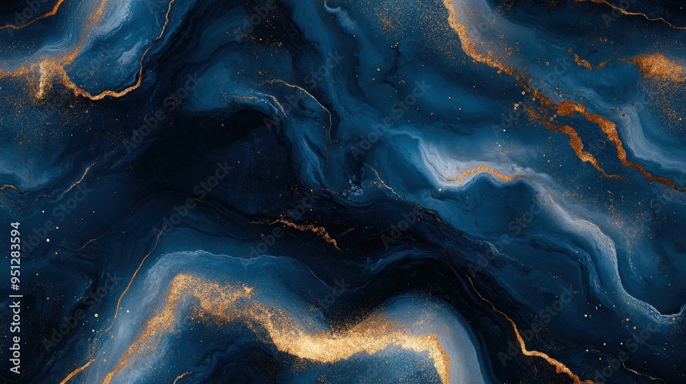 Obraz premium Abstract dark blue and gold marble texture background. Fluid art pattern with flowing lines and shimmering details.