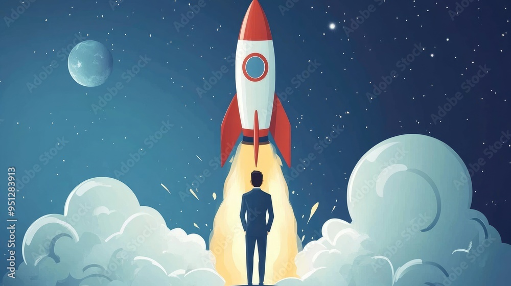 A businessman presents a virtual rocket launch, embodying the concepts of corporate growth and strategic business development. A businessman presents a virtual rocket launch, embodying the concepts of corporate growth and strategic business development.