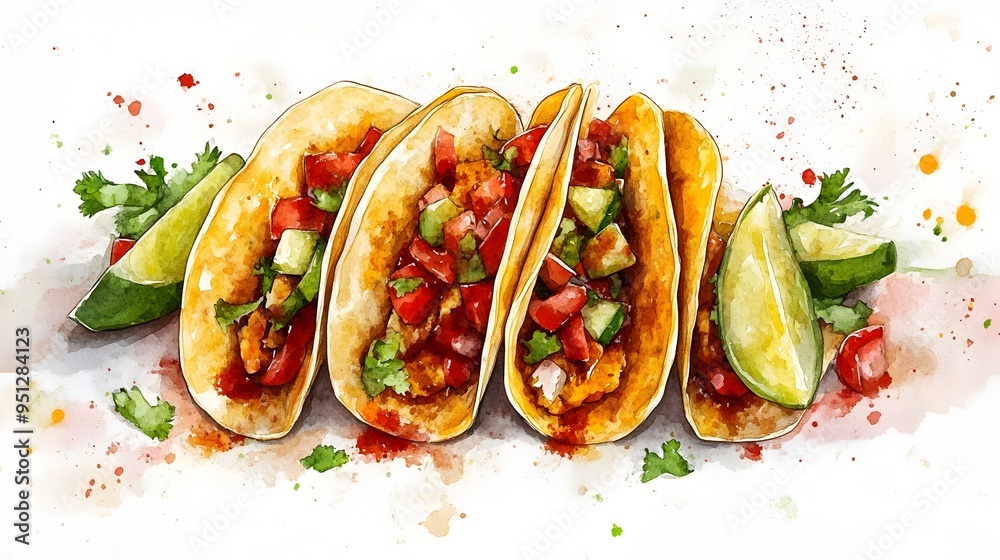 Vibrant Watercolor Contour Drawing of Tacos with Ample Space for Text