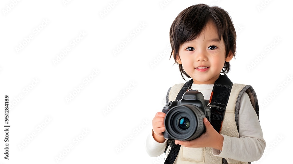 Young Aspiring Photographer in Photographic Vest with on White Background Young Aspiring Photographer in Photographic Vest with on White Background