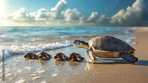 A Sea Turtle Leading Her Hatchlings to the Ocean Emphasizing Marine Life Conservation