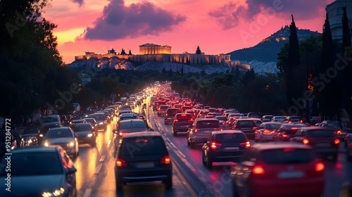 Bustling Sunset at the Acropolis Dramatic Traffic and Illuminated Ancient Ruins in Athens