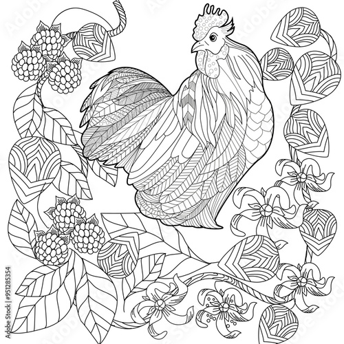 Art therapy coloring page. Coloring book antistress for children and adults. Rooster and Flowers Daisies hand drawn in vintage style . Ideal for those who want to feel more connected to nature.