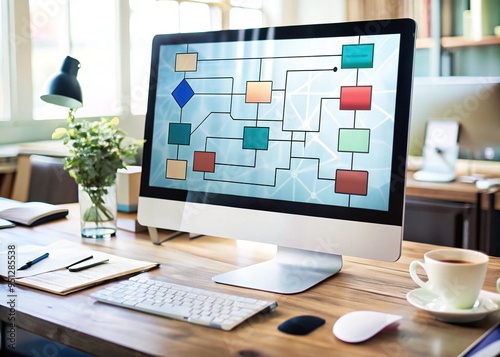 A sleek computer screen showcases a complex flow chart, its various shapes and connections weaving together in a intricate dance of logic and decision-making. photo